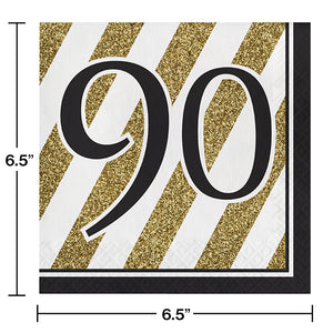 Black And Gold 90th Birthday Napkins, 16 ct Party Decoration