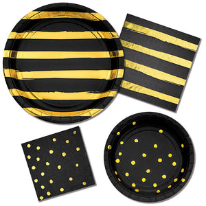 Black And Gold Foil Striped Paper Plates, 8 ct Party Supplies