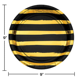 Black And Gold Foil Striped Paper Plates, 8 ct Party Decoration