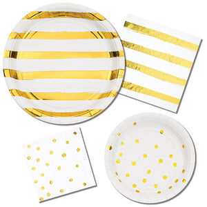 White And Gold Foil Striped Paper Plates, 8 ct Party Supplies