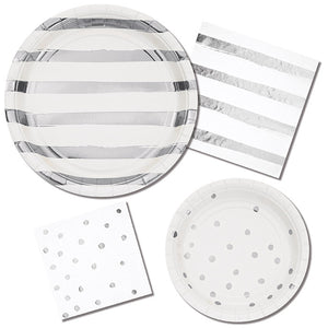 White And Silver Foil Dot Dessert Plates, 8 ct Party Supplies