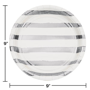 White And Silver Foil Striped Paper Plates, 8 ct Party Decoration