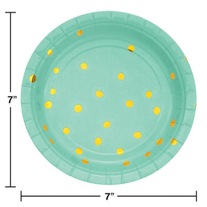 Fresh Mint Green And Gold Foil Dot Dessert Plates, 8 ct Party Decoration