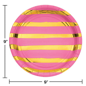 Candy Pink And Gold Foil Striped Paper Plates, 8 ct Party Decoration