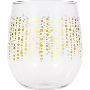 Glittering Gold Dots Plastic Stemless Wine Glass By Elise by Creative Converting