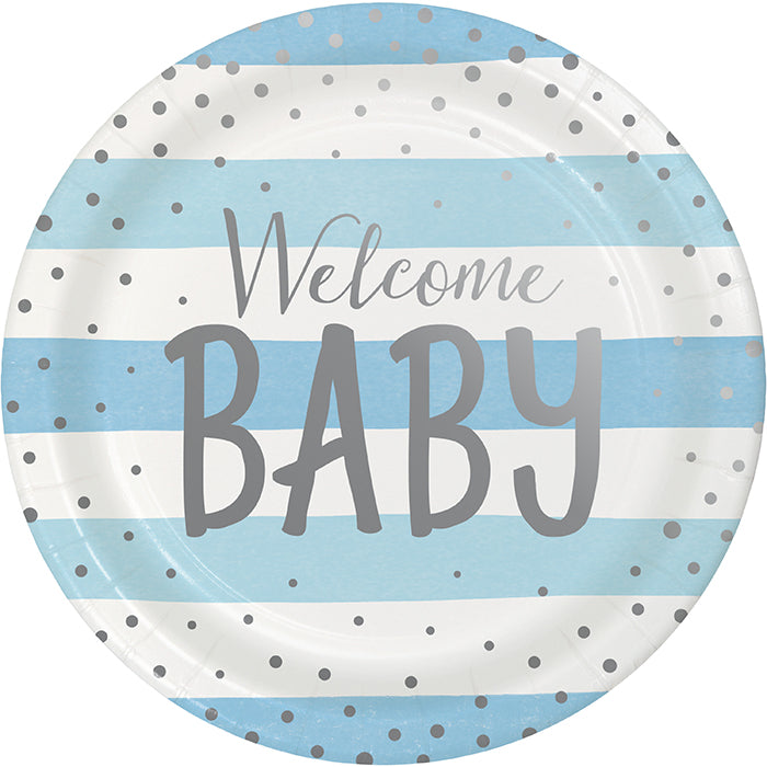 Blue Silver Celebration Dinner Plate, Foil, Welcome Baby 8ct by Creative Converting