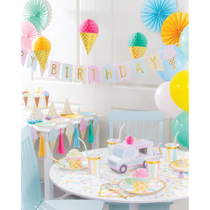 Ice Cream Party Shaped Banner W/ Ribbon, Foil Party Supplies