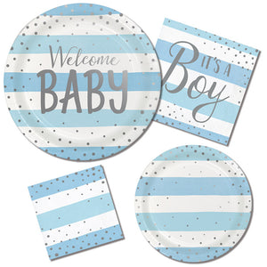 Blue Silver Celebration Dinner Plate, Foil, Welcome Baby 8ct Party Supplies