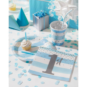 Blue Silver Celebration Dinner Plate, Foil, Stripes 8ct Party Supplies