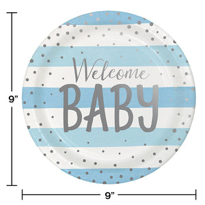 Blue Silver Celebration Dinner Plate, Foil, Welcome Baby 8ct Party Decoration
