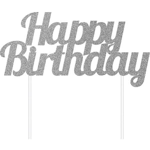 Silver Glitter Happy Birthday Cake Topper by Creative Converting